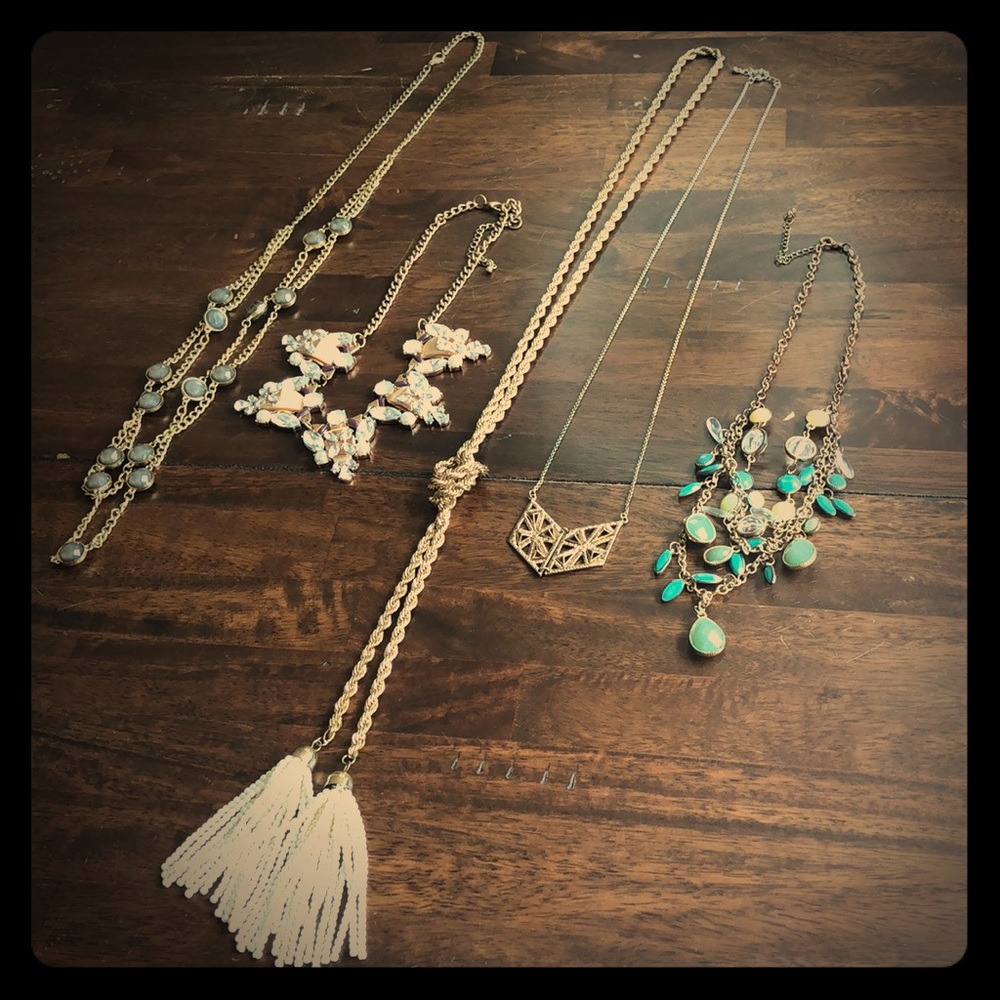 Statement Necklace Bundle Lot 5 Piece Fringe Tassel Bib Turquoise Floral Gold